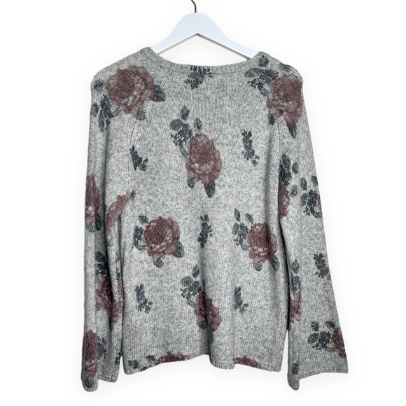 Lucky Brand Wool Blend Scoop Neck Floral Bell Sleeve Sweater in Grey Size Medium - Picture 4 of 9